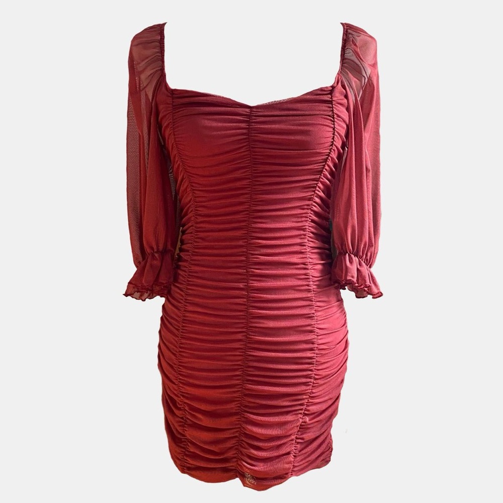 NWOT Red Pink Mesh Ruched Bodycon Mini Dress